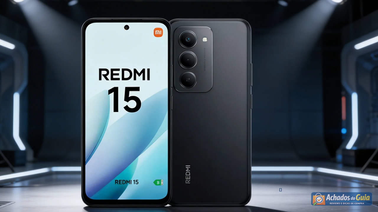 Redmi 15 em destaque mostrando design fino, tela de 6,9 polegadas e câmera de 50 MP — review completo 2026