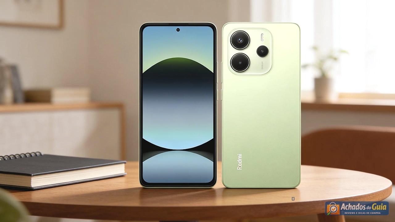 Redmi Note 14 em destaque mostrando a tela AMOLED de 120Hz e câmera de 108 MP – review completo 2026