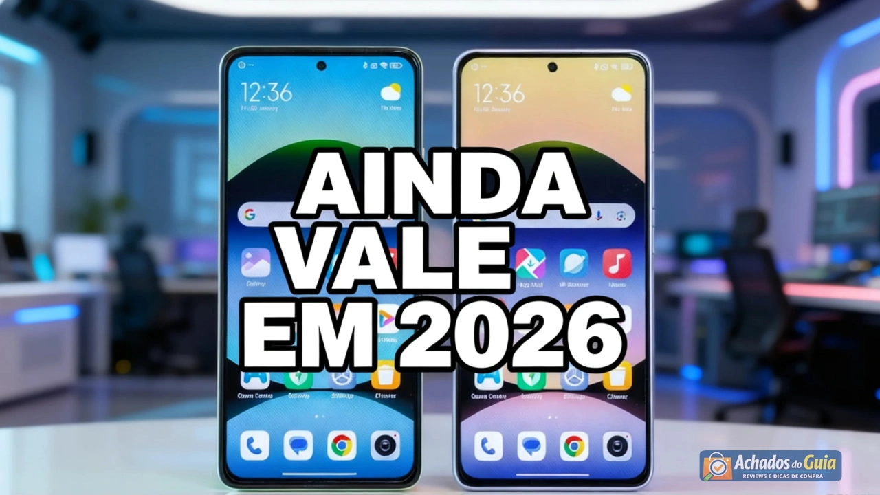 Redmi Note 14 em vista frontal e traseira mostrando câmera de 108 MP e tela AMOLED