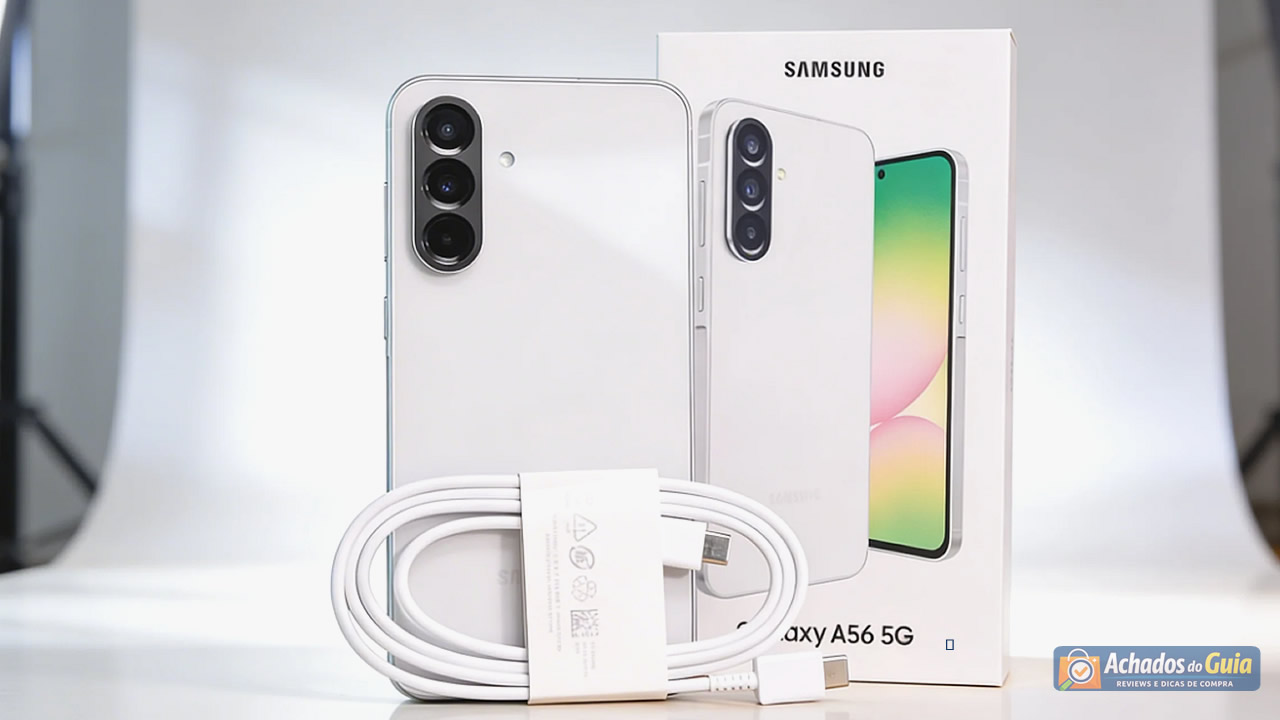 Samsung Galaxy A56 5G em destaque mostrando design slim e tela Super AMOLED – review completo custo-benefício 2026