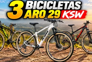 rês bicicletas aro 29 KSW com freio hidráulico lado a lado para comparar modelos de 9, 21 e 24 marchas