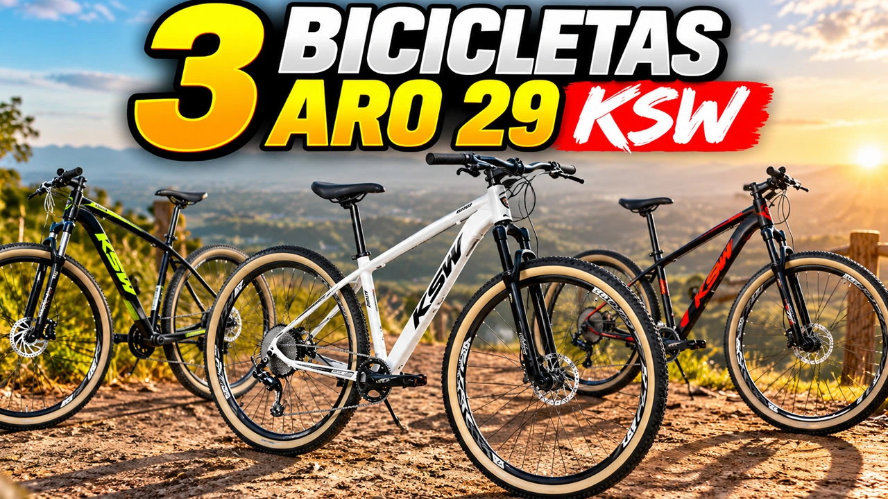 rês bicicletas aro 29 KSW com freio hidráulico lado a lado para comparar modelos de 9, 21 e 24 marchas